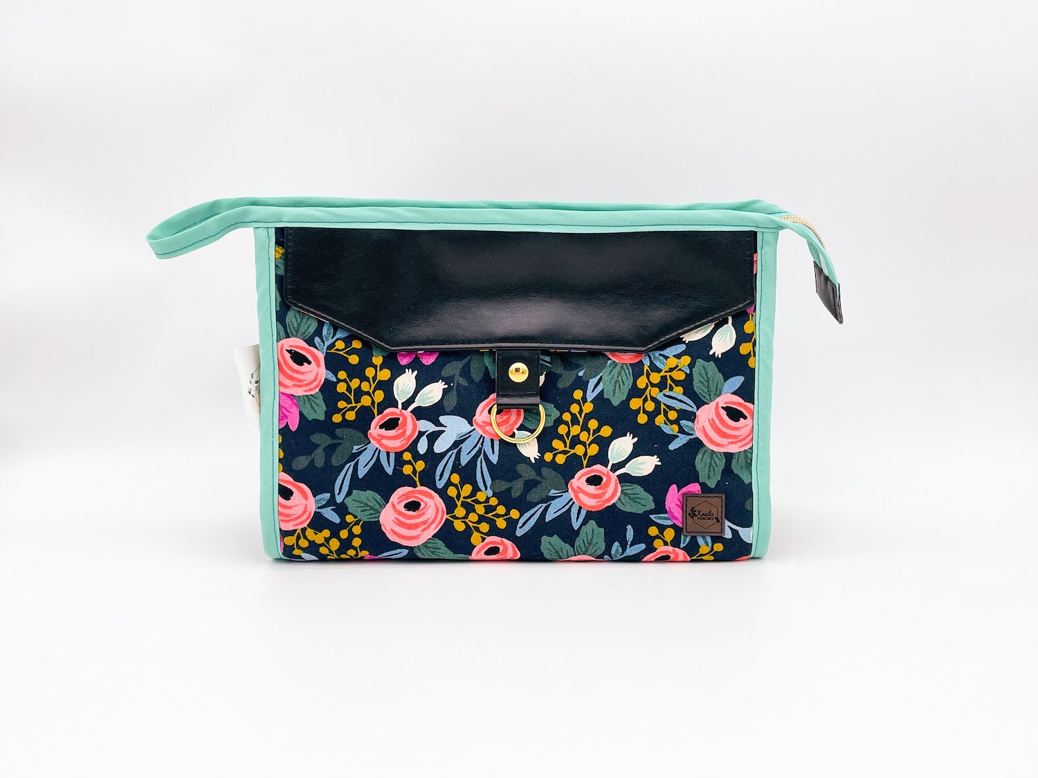 The Desi Cosmetic Bag | Black Poppy Fields Fabric | Black Bonded Leather